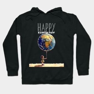 Earth Day: A Little Girl Holding an Earth Balloon, "Happy Earth Day" On a Dark Background Hoodie